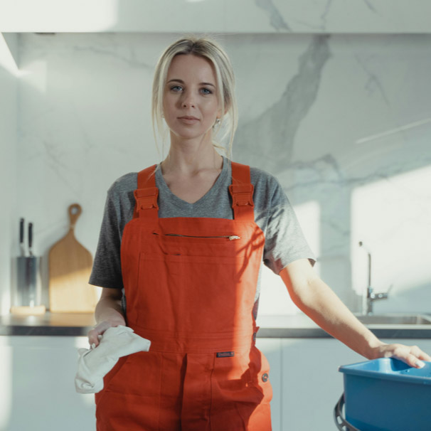 Professional house cleaner standing in kitchen ready to clean in San Francisco